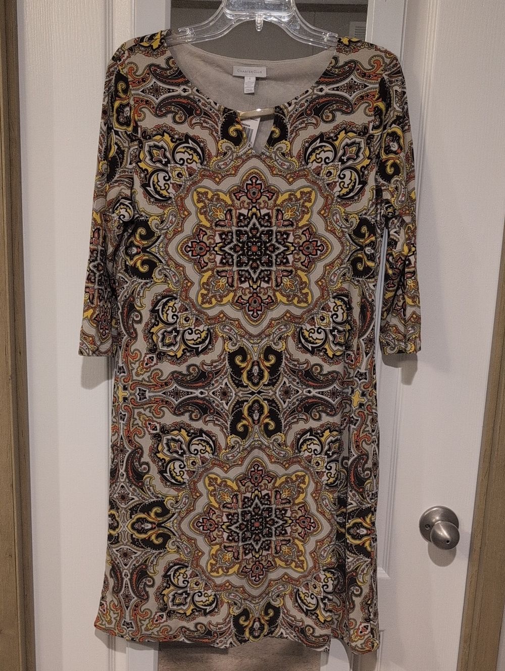 Charming Charlie Beige Paisley-Medallion Midi Dress with Yellow & Brown Accents